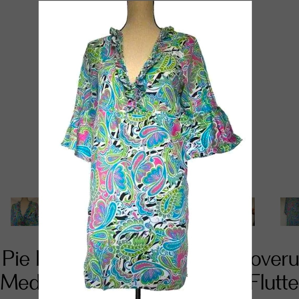 Mud Pie Bag Lady Linen Dress Coverup Size Medium Blue Paisley Ruffle Flutter